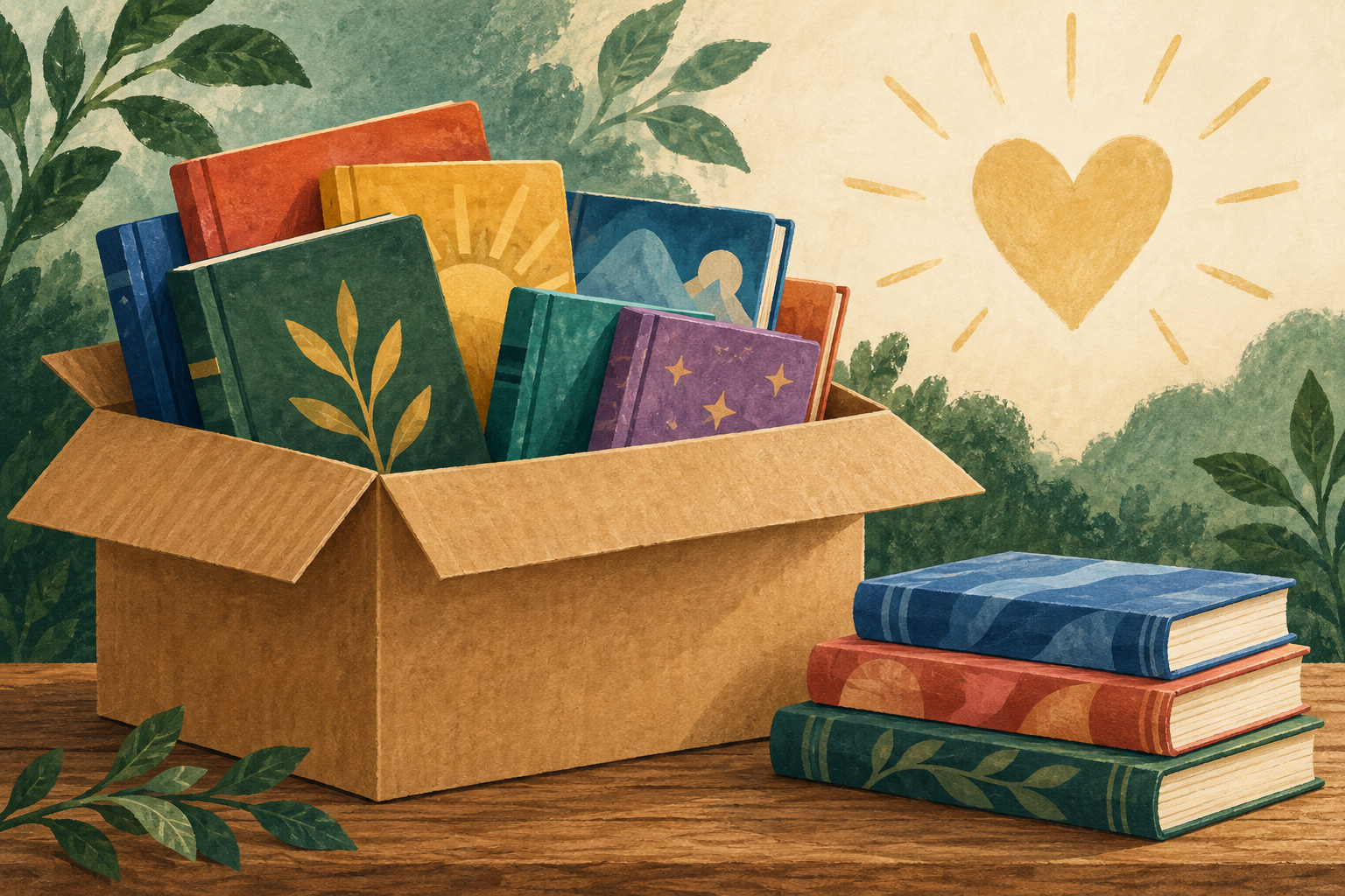 Illustration of colorful children's books in a donation box