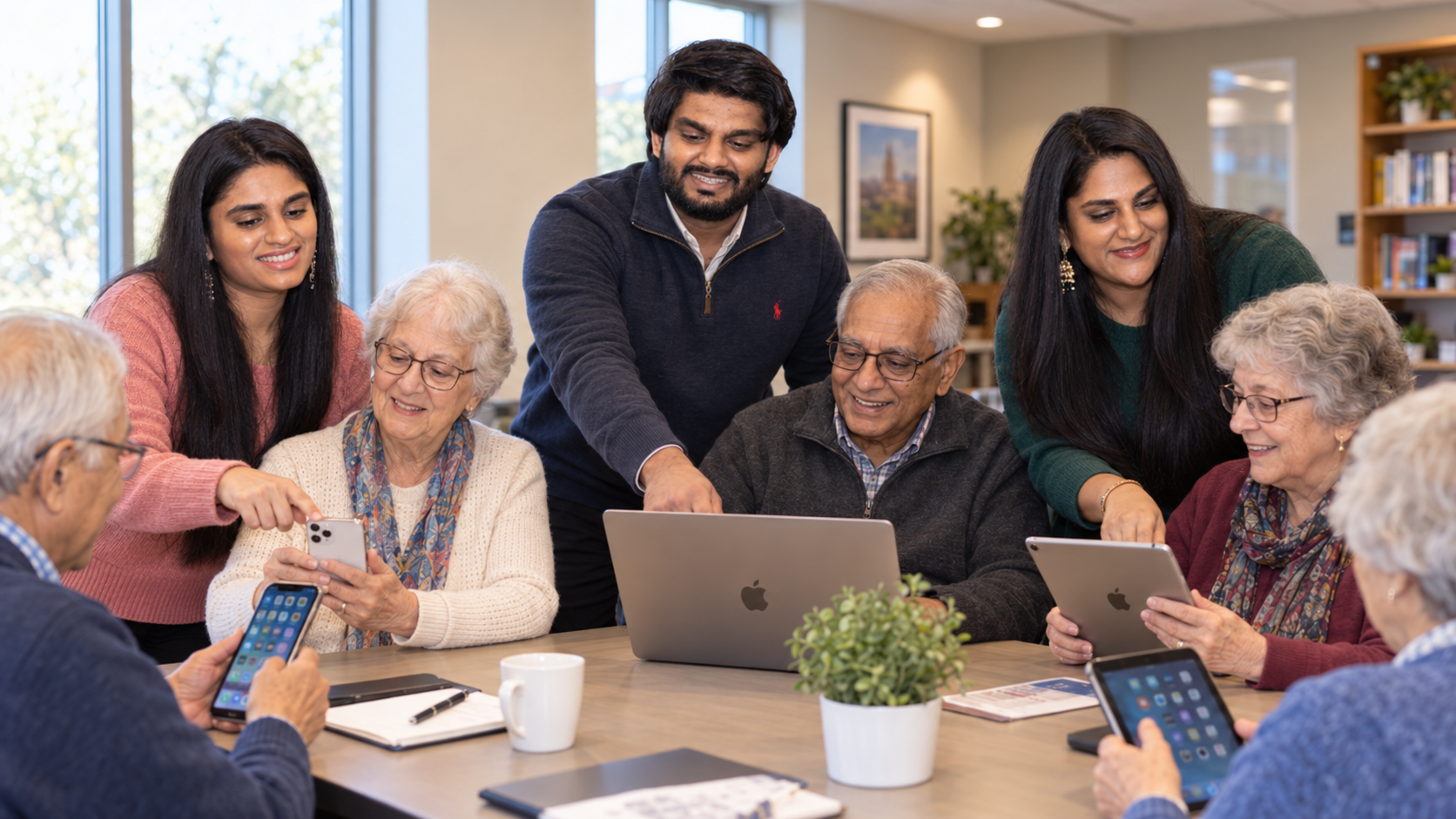 Manav, Manya, and Manasi Rungta helping seniors learn to use phones, a laptop, and a tablet
