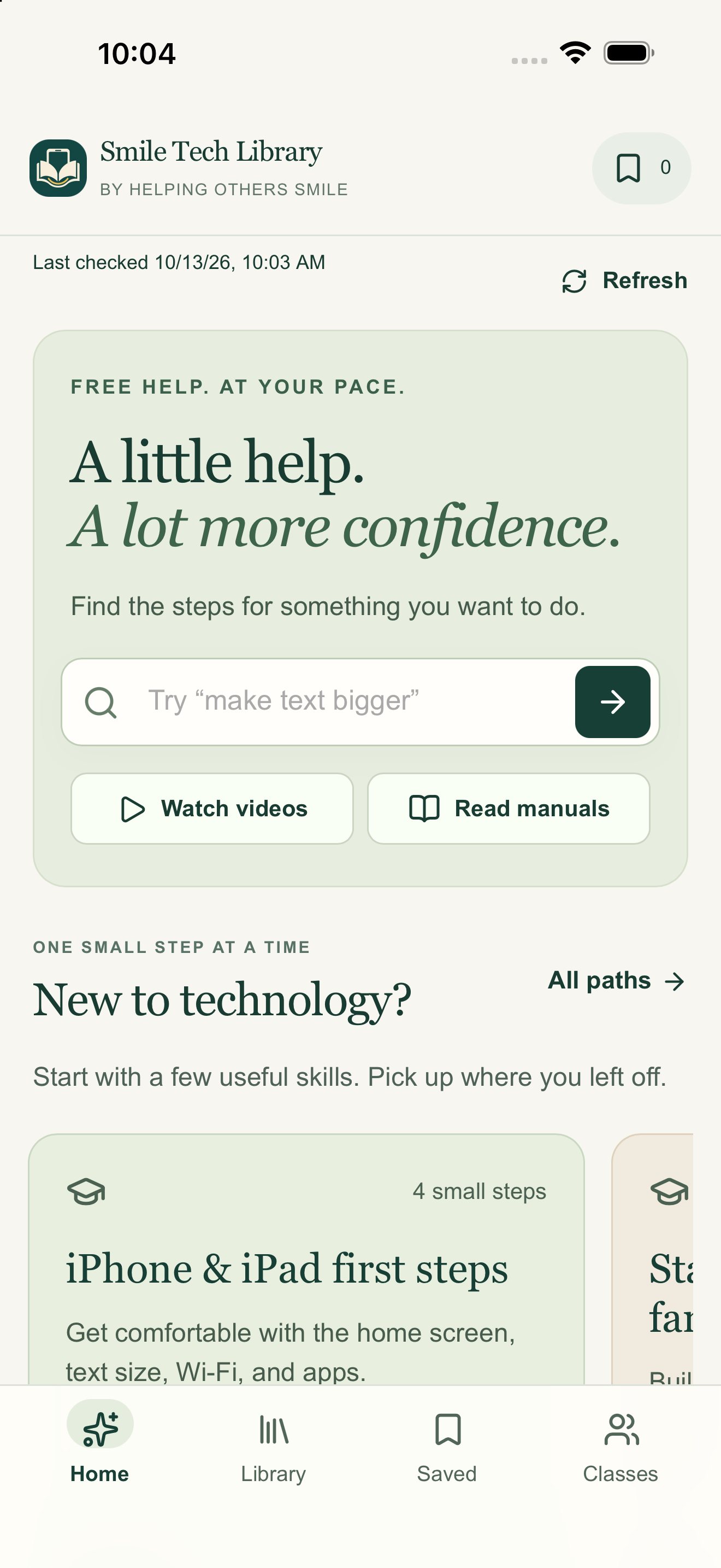 Smile Tech Library app on iPhone, showing its learning library and saved lessons navigation
